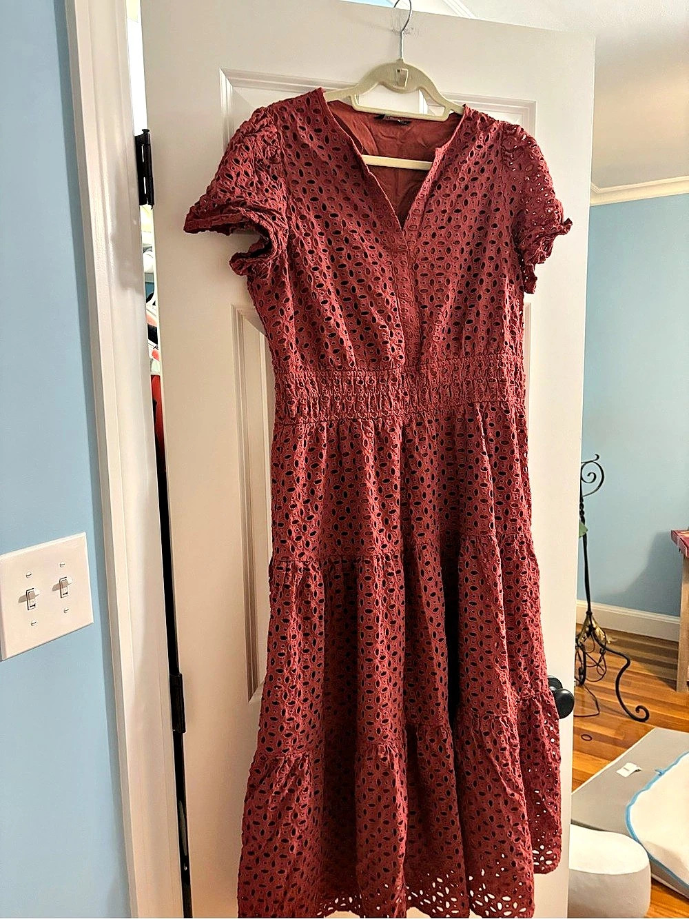 PrettyGarden Short Sleeve Eyelet Smocked Tiered Midi Dress Tiered Maxi Dress